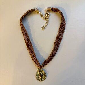 Woven Passementerie Brown Choker Spiral Swirls Medallion Gem Boho Earthy Indie